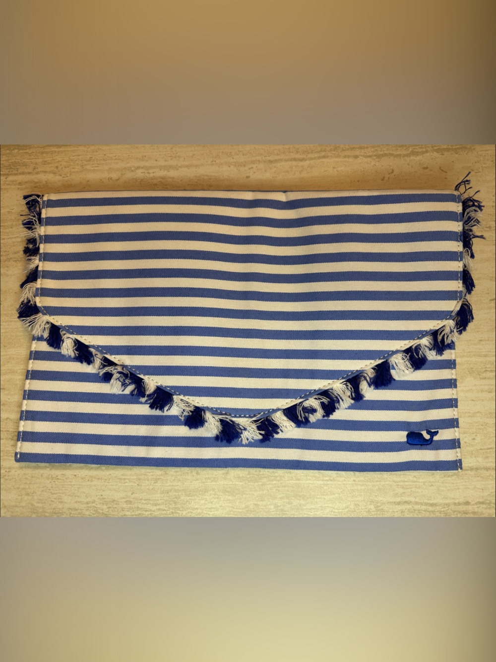 Vineyard Vines Blue and White Striped Tassel Clutch